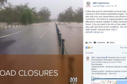 A screngrab of ABC Capricornia's coverage of Cyclone Debbie pointing to emergency information.