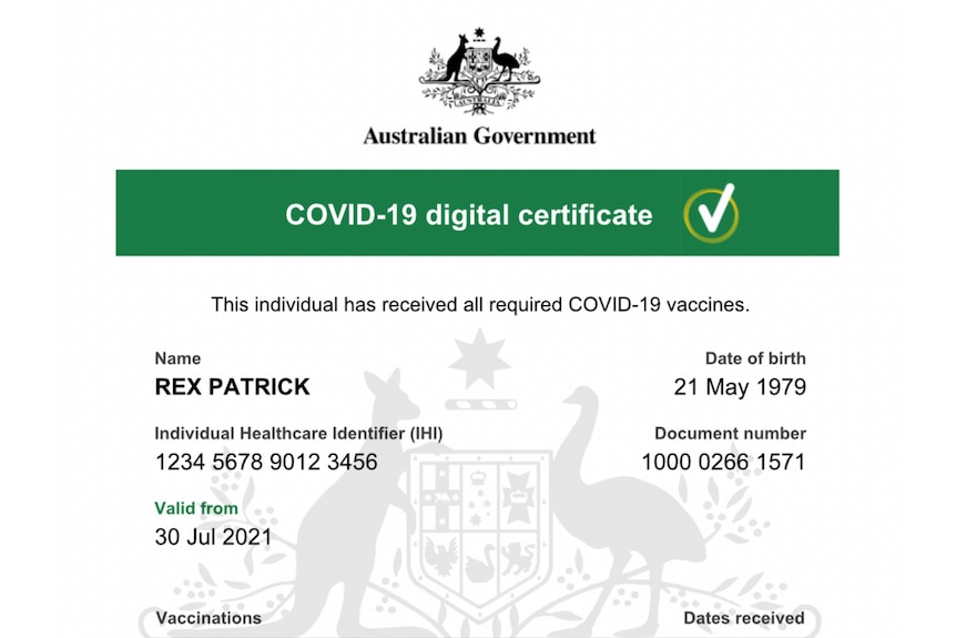 An official looking government document indicates Rex Patrick's 'fully vaccinated' status.
