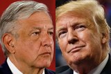 A photo composite of Andres Manuel Lopez Obrador and Donald Trump looking toward each other