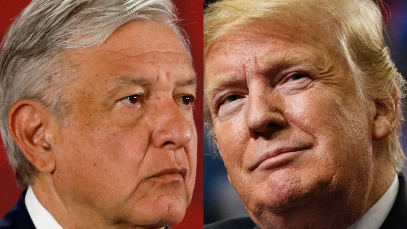 A photo composite of Andres Manuel Lopez Obrador and Donald Trump looking toward each other