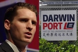 A composite image of Andrew Hastie and a sign for the Darwin Port.