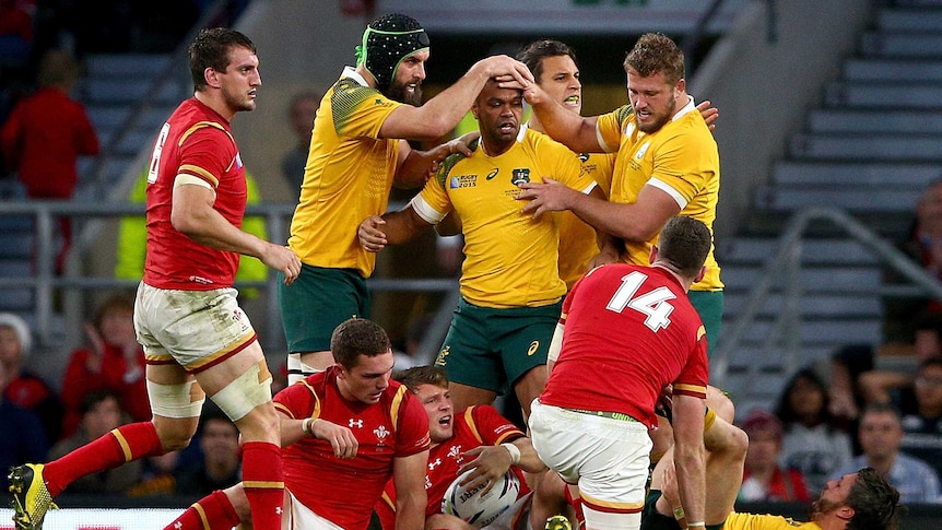 Committed performance ... The Wallabies celebrate after winning a penalty to relieve Welsh pressure on their goal line