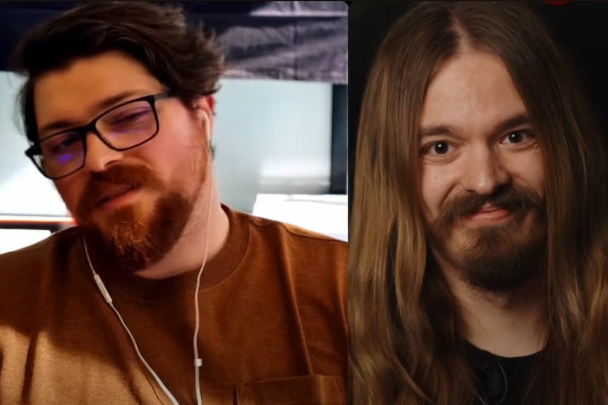 Two white men with brown beards in a split screen