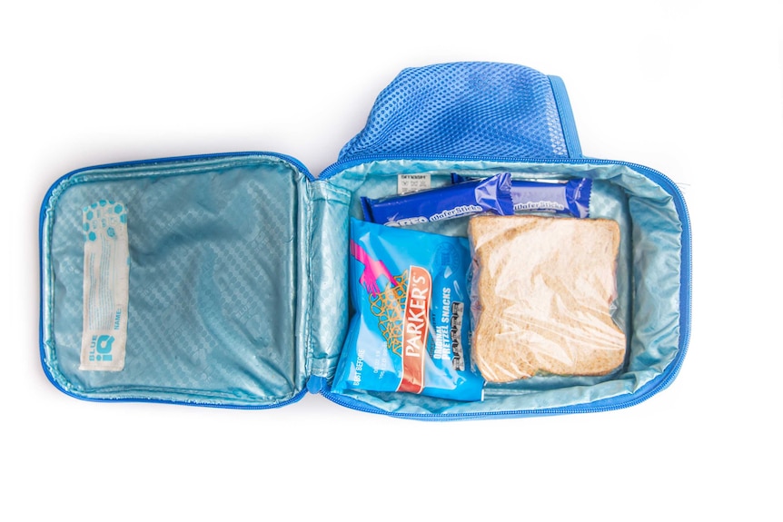 A ham and lettuce sandwich, pretzels and two chocolate wafers in a blue cooler bag.