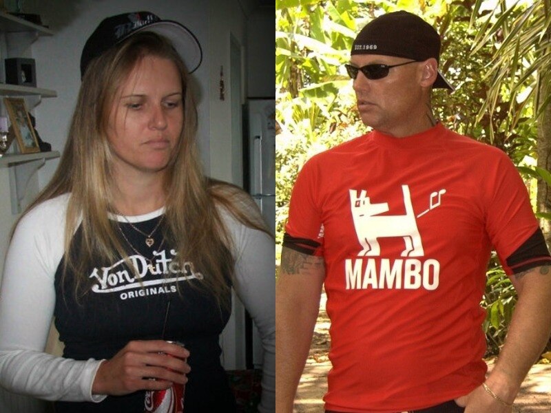A composite image of a woman in a cap with blonde hair and a man in a cap with a red shirt