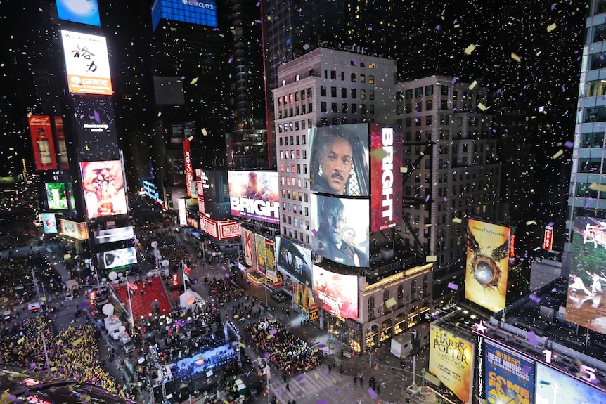 Confetti rains down on revellers in Times Square