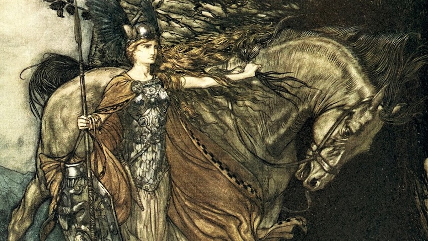 Illustration of a Valkyrie holding a spear and standing by her horse.