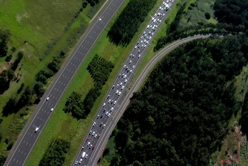 Cars in gridlock from above with bush on either side of twin roads.