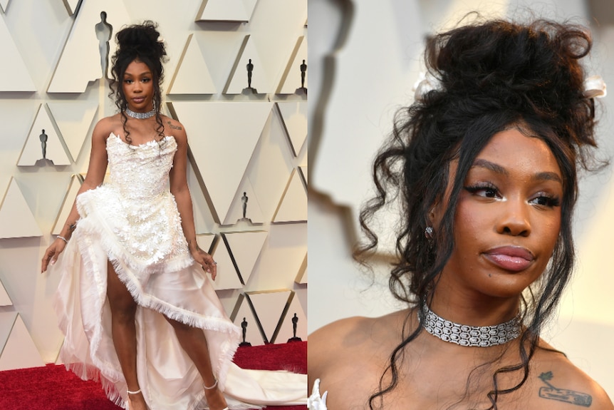 SZA wore a detailed white, strapless gown to the Oscars.