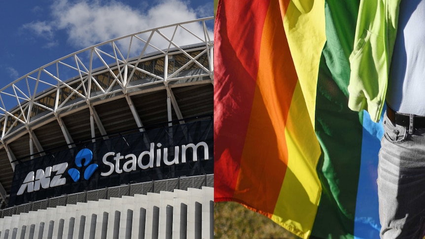 Composite of ANZ Stadium and a rainbow flag