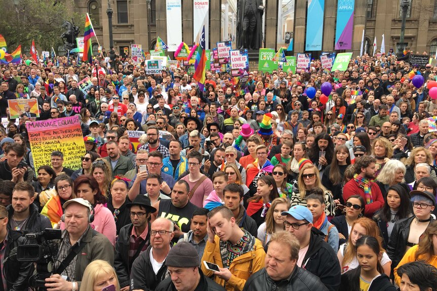 Thousands gather on the steps of the State Library in Melbourne in support of same-sex marriage.