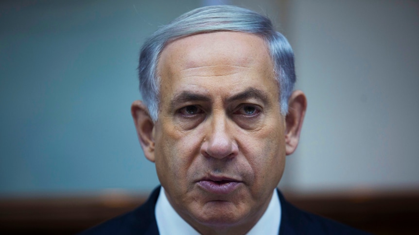 A close-up of Benjamin Netanyahu's face