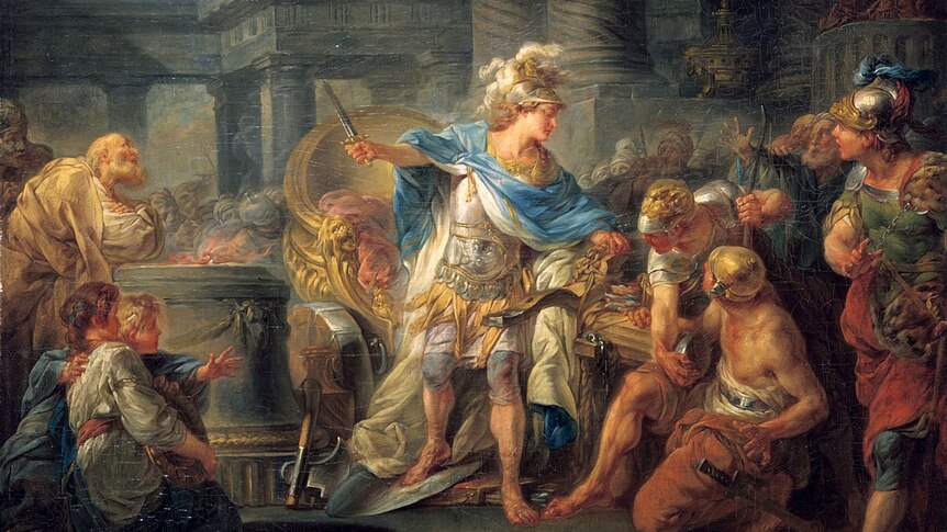 An 18th-century painting of a crowded scene featuring Alexander the Great holding a piece of knotted rope and a short sword.