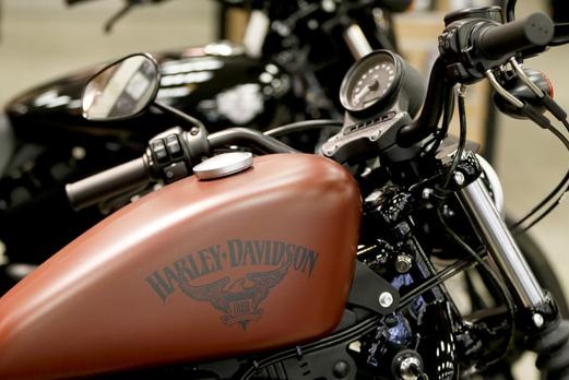 Harley logo on a bike's orange gas tank