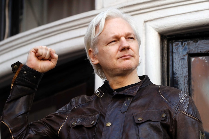 Julian Assange raises his fist while greeting supporters and media from a balcony at the Ecuadorian embassy in London.