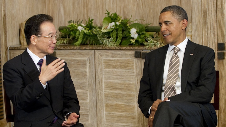 US president Barack Obama listens as Chinese premier Wen Jiabao speaks during talks in Bali.
