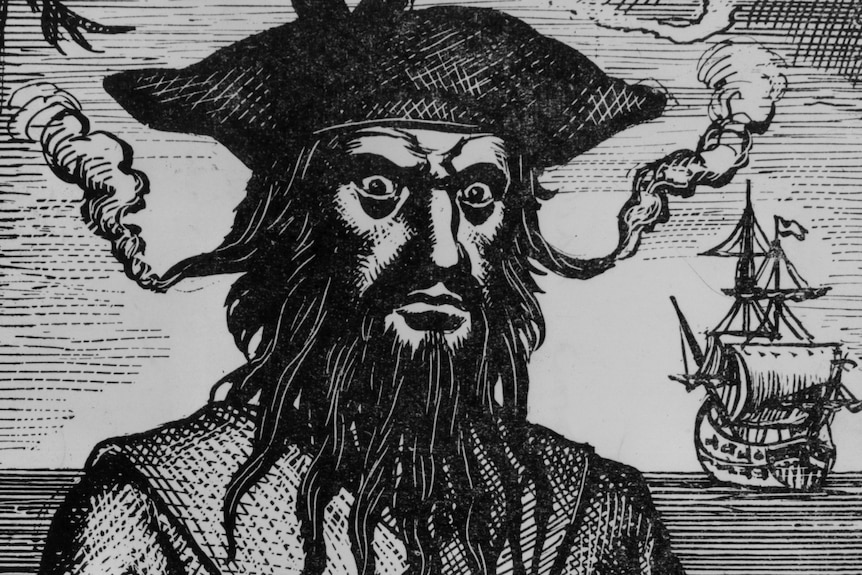 An illustration of a pirate with smoke coming out of his beard, with a ship in the background.