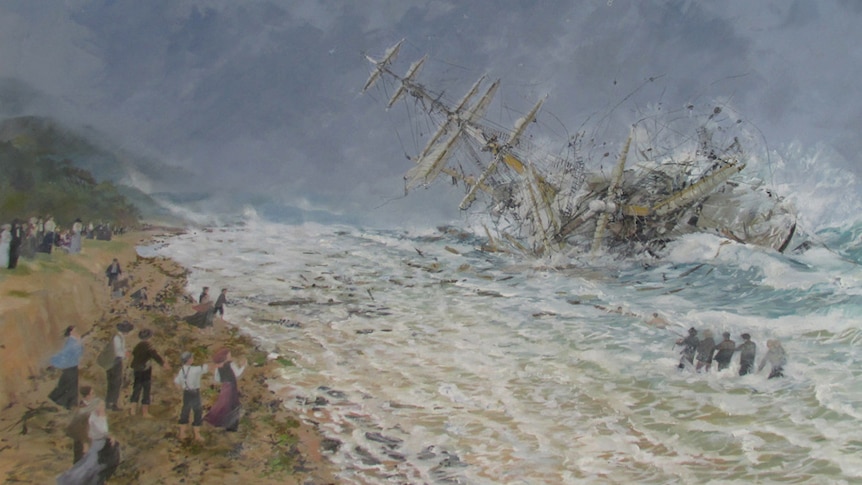 Christine Hill's painting showing the Brig Amy on its side, being hit by rough seas off the coast of Thirroul.