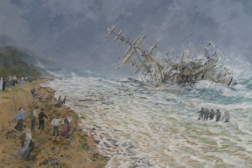 Christine Hill's painting showing the Brig Amy on its side, being hit by rough seas off the coast of Thirroul.