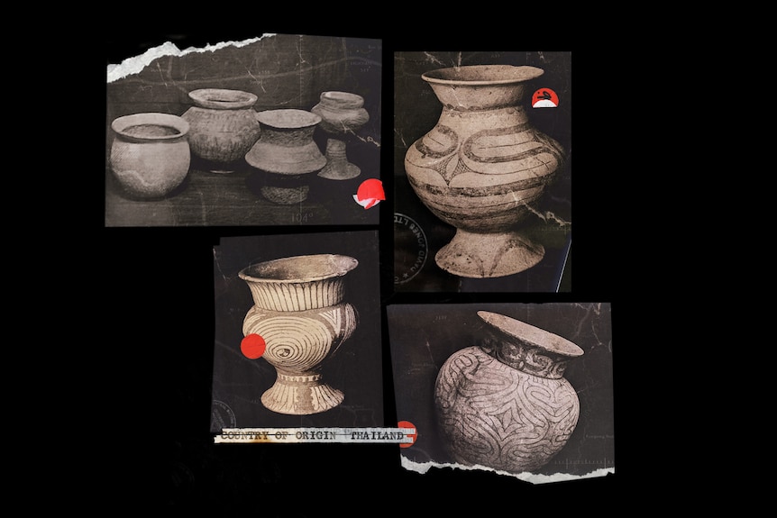 A collection of sepia toned Thai pottery shown on four pieces of paper with rips and red dot stickers.