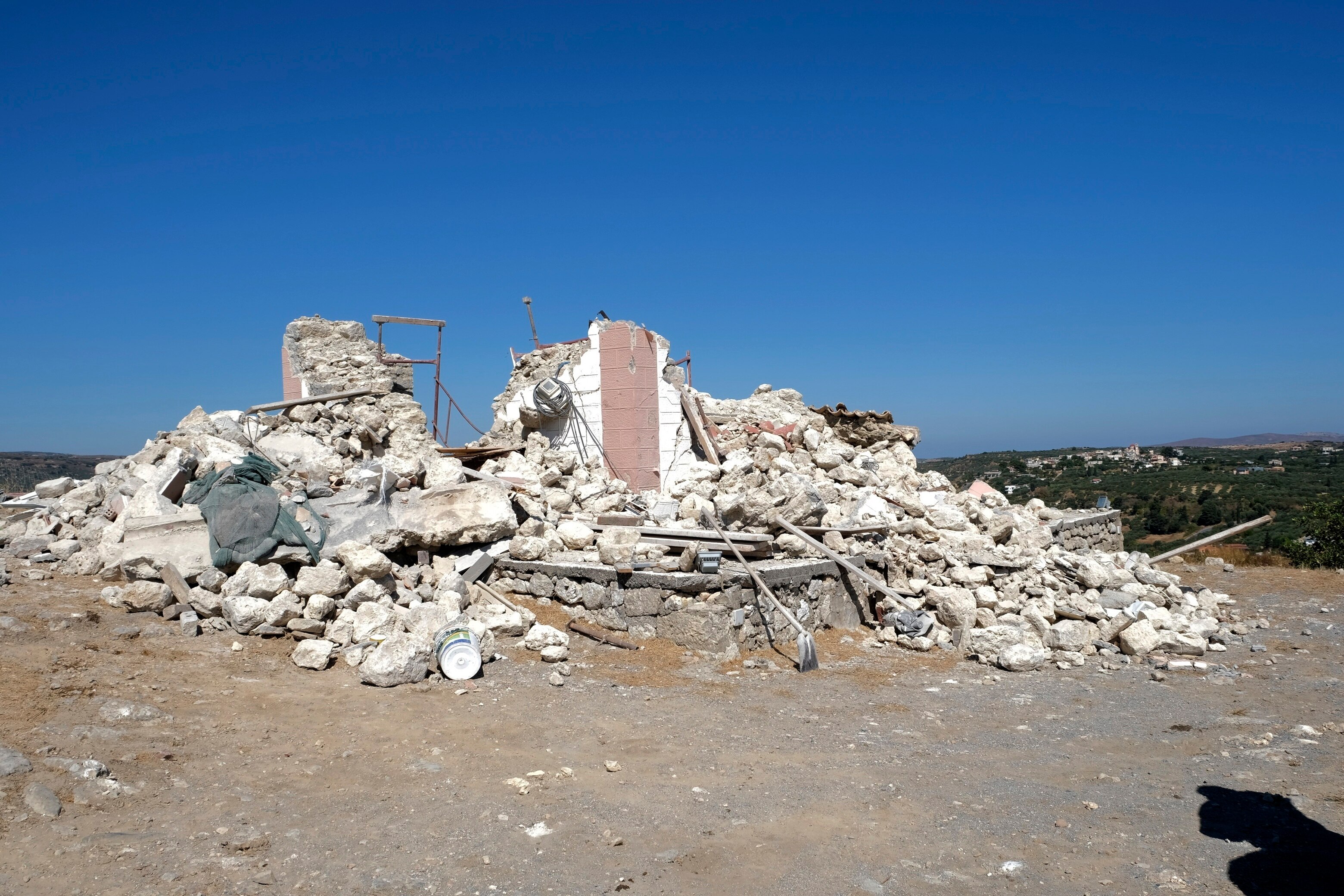 A church lies collapsed after a strong earthquake in Crete, Greece.