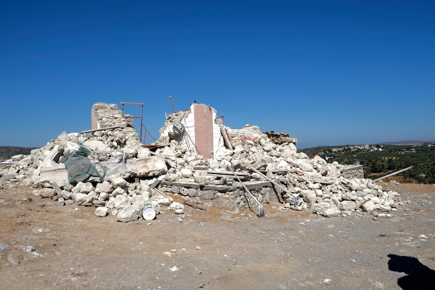 A church lies collapsed after a strong earthquake in Crete, Greece.