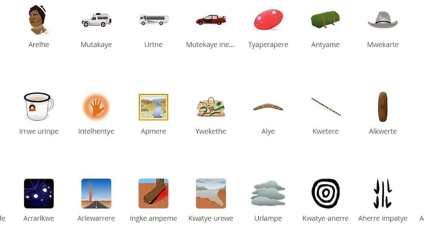 27 examples of the 'indigemojis' in the Arrente language developed to express life in Central Australia