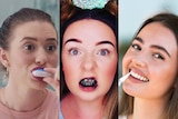 A composite of people using teeth whitening products.