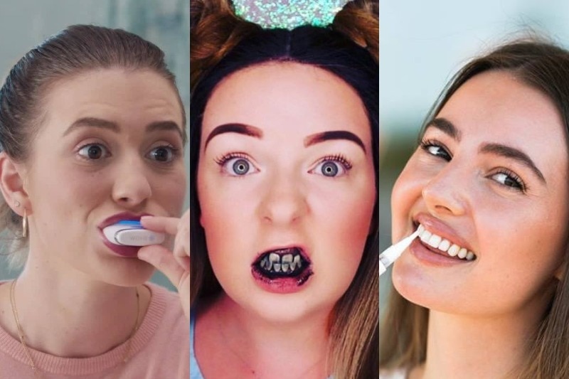 A composite of people using teeth whitening products.