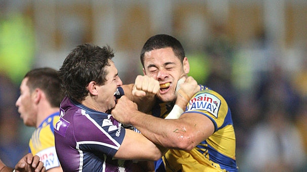 Face off ... Billy Slater (L) and Jarryd Hayne go at it last Friday night