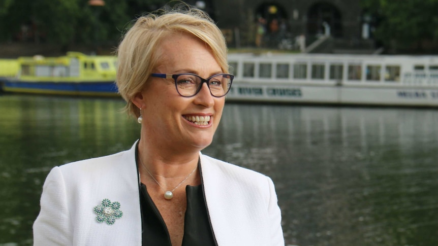 Sally Capp announces her run for Melbourne Lord Mayor on the banks of the Yarra River.