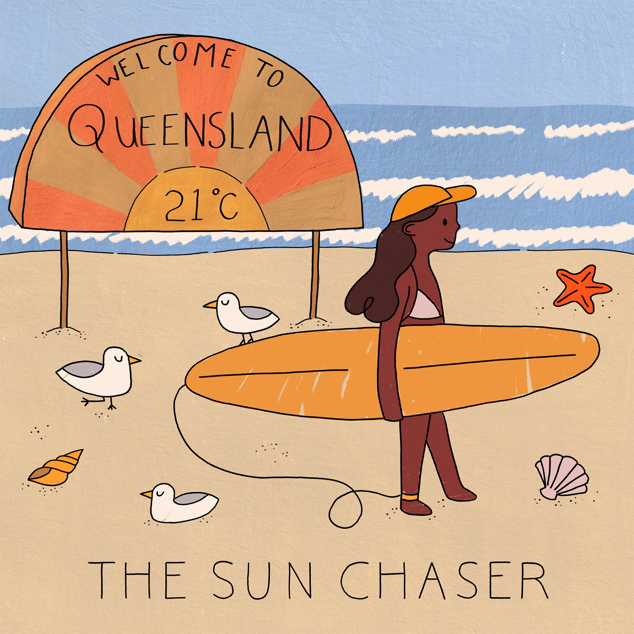 Woman holding a surfboard on a beach in Queensland. Text: The Sun Chaser