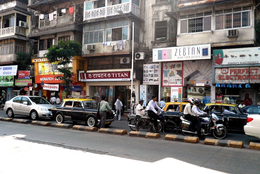 Vehicles on Lamington Road in Mumbai, India.
