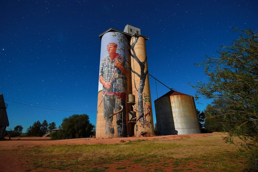 The grain silo at Patchewollock under a night sky.