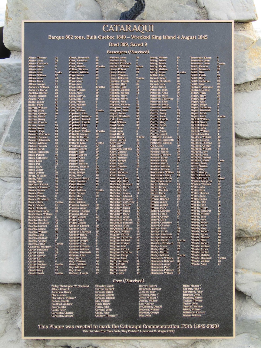 A plaque lists the names and ages of those people lost in the Cataraqui wreck.