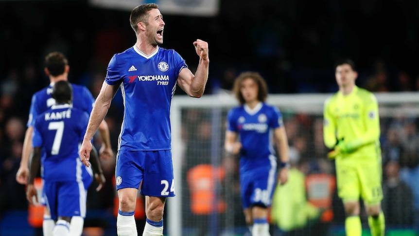 Gary Cahill celebrates Chelsea's Premier League win over Manchester City at Stamford Bridge.