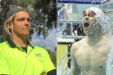 A composite of Matthew Levings as a tradie and Sun Yang celebrating in the pool