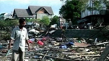 Man surveys damage in Banda Aceh