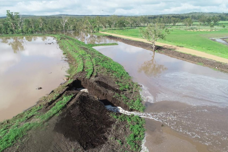 Water spills onto farmland from hole in irrigation dam wall.