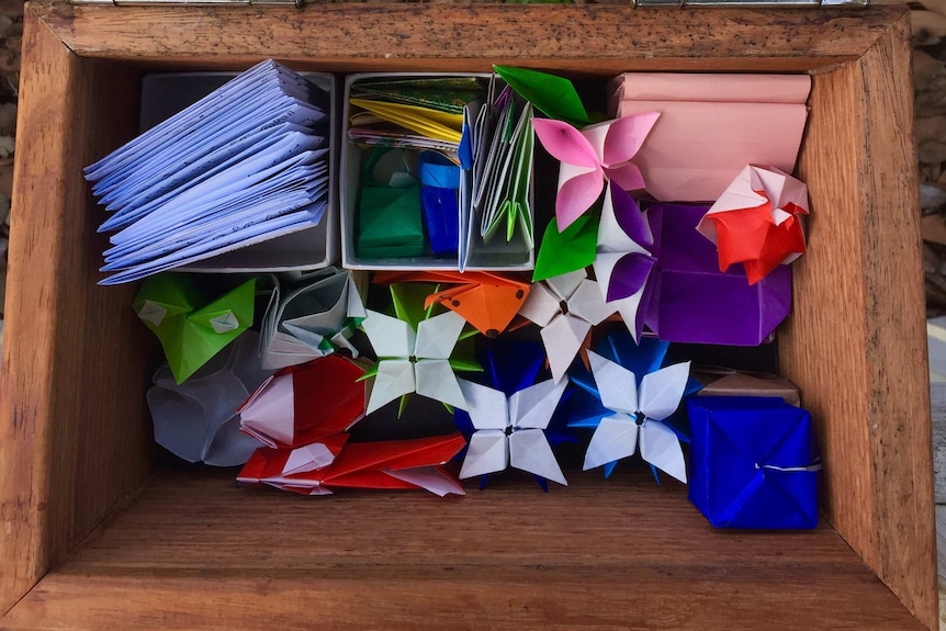 Bird's eye view of a colourful origami box