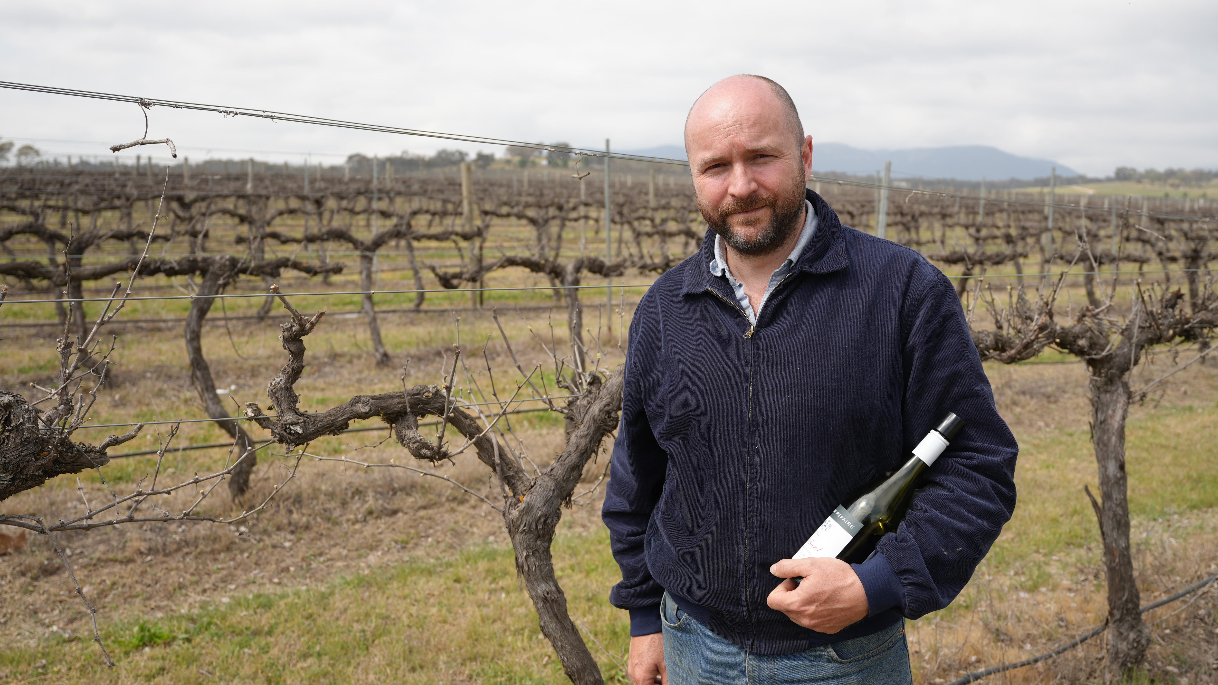 A man standing next to a vineyard with a bottle of wine