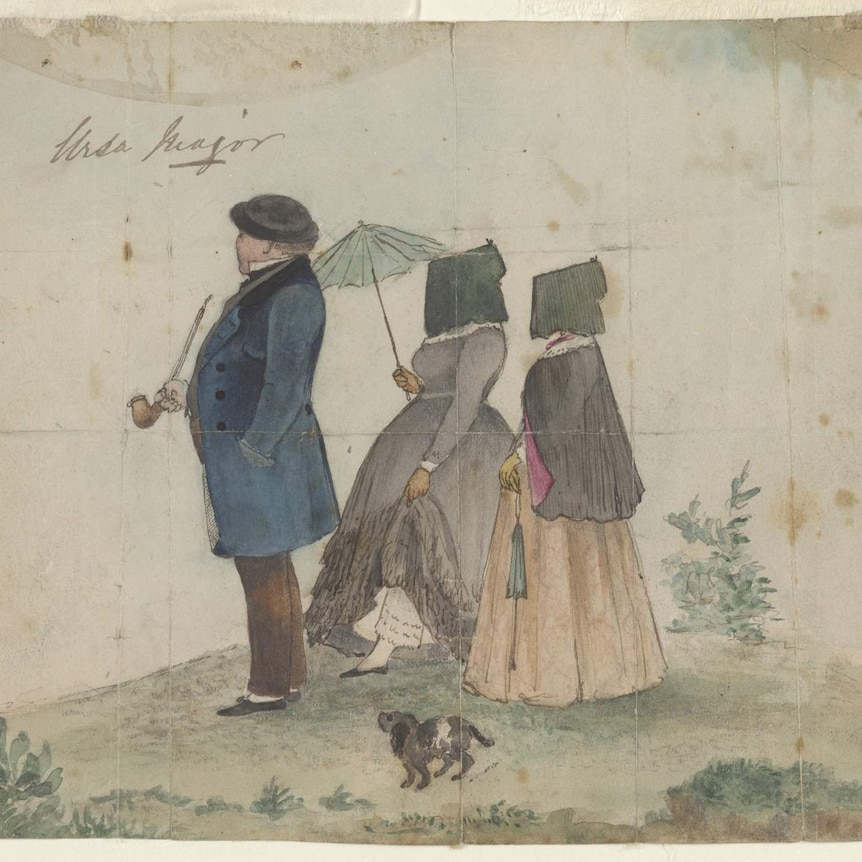 1840's watercolour by Thomas Griffiths Wainewright of Major William de Gillern, his wife Harriet and Miss Lucy Scott