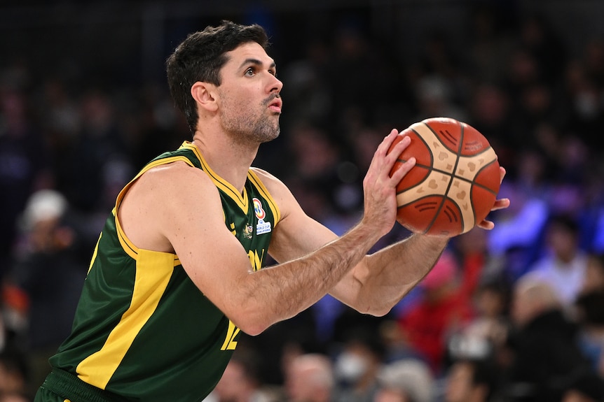 A Boomers player shoots from the free-throw line during warm-up before a game.