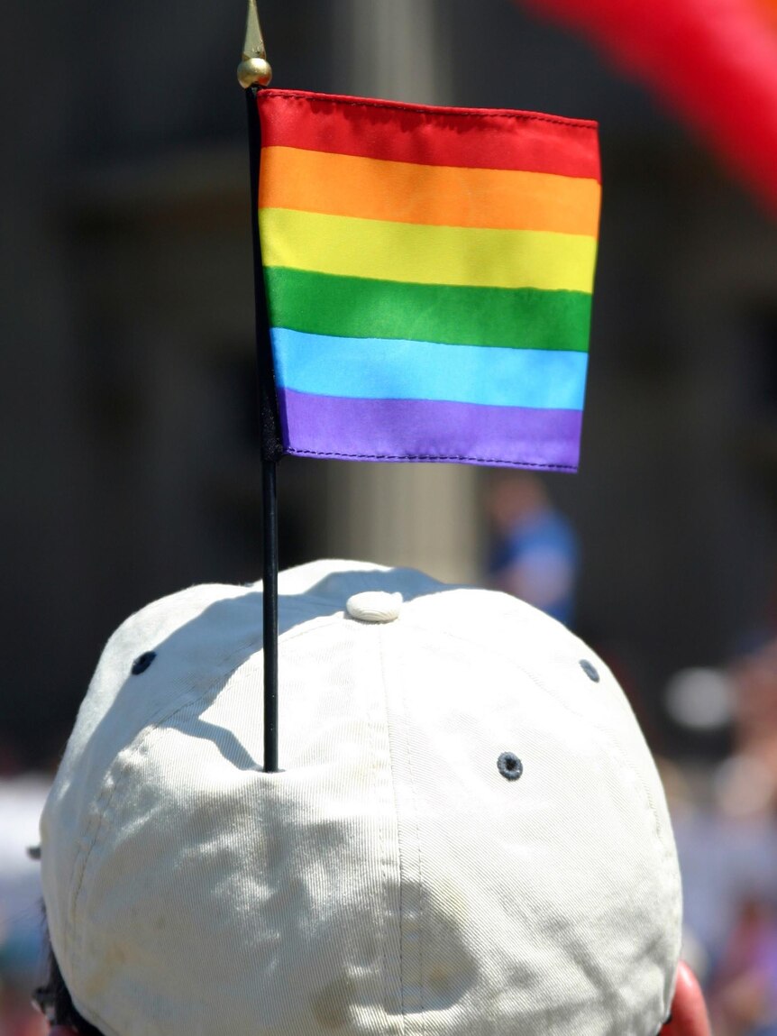Rainbow flag in a man's hat at a gay pride march.