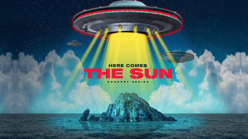 Here Comes The Sun artwork featuring UFO beaming down on rock island in ocean