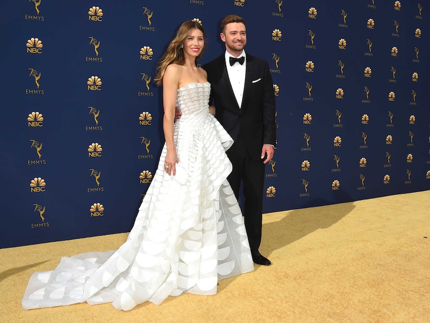 Jessica Biel and Justin Timberlake arrive at the Emmy Awards.