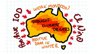 Weak monsoon to north, El Nino to east, positive SAM in winter to the south and positive Indian Ocean Dipole to west