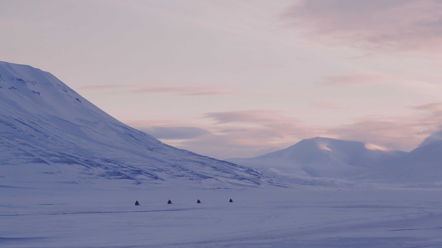 A line of snowmobiles on Svalbard, the isolated archipelago home to the Global Seed Vault.