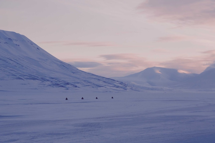 A line of snowmobiles on Svalbard, the isolated archipelago home to the Global Seed Vault.