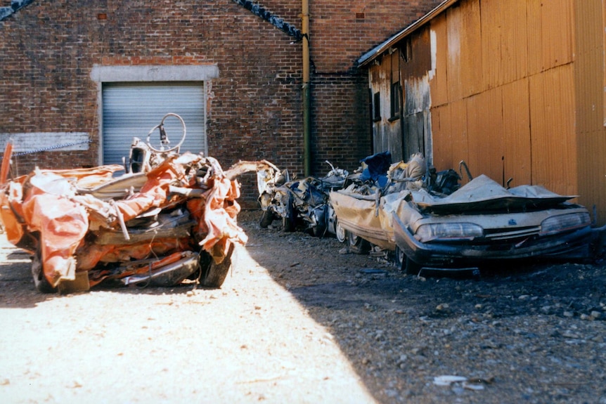 Damaged cars after 1989 Newcastle earthquake